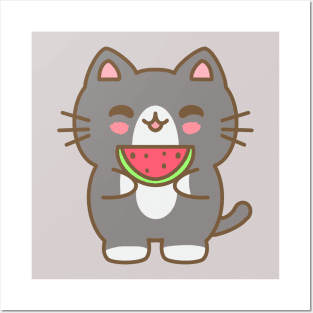 Cat eating watermelon Posters and Art